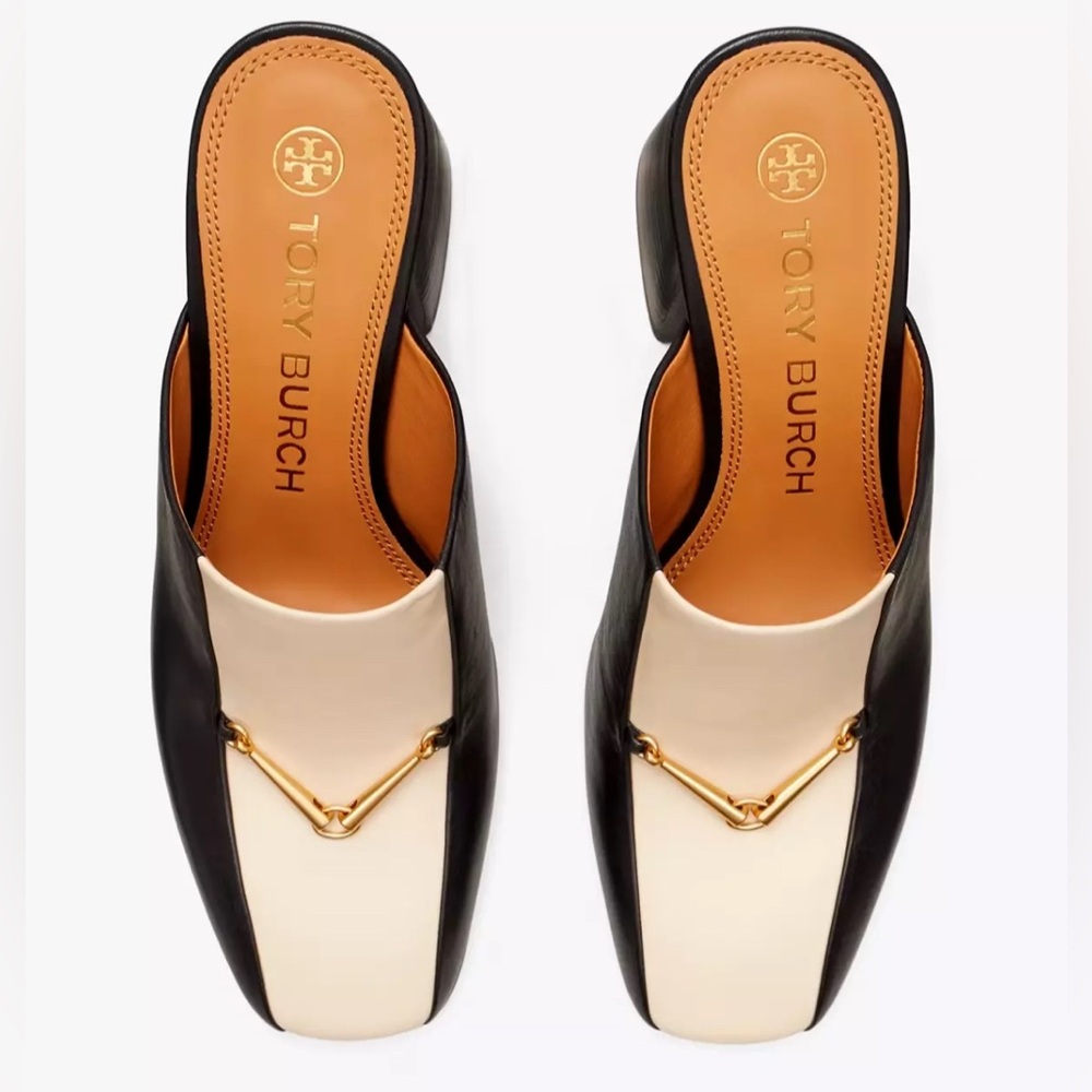 TORY BURCH EQUESTRIAN LINK MULE 80MM PUMP LEATHER BLACK/DULCE DE LECHE SZ US 8 - Picture 4 of 11